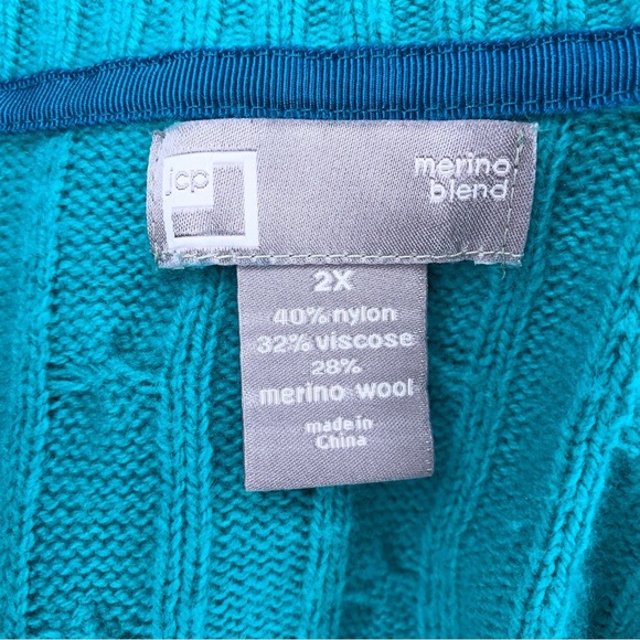 2X JC Penney Teal Merino Wool Cable Knit Sweater Vneck Long Sleeve - Picture 9 of 14